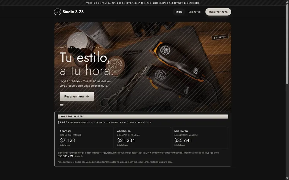 Página de reservas de la barbería Studio 3.23
